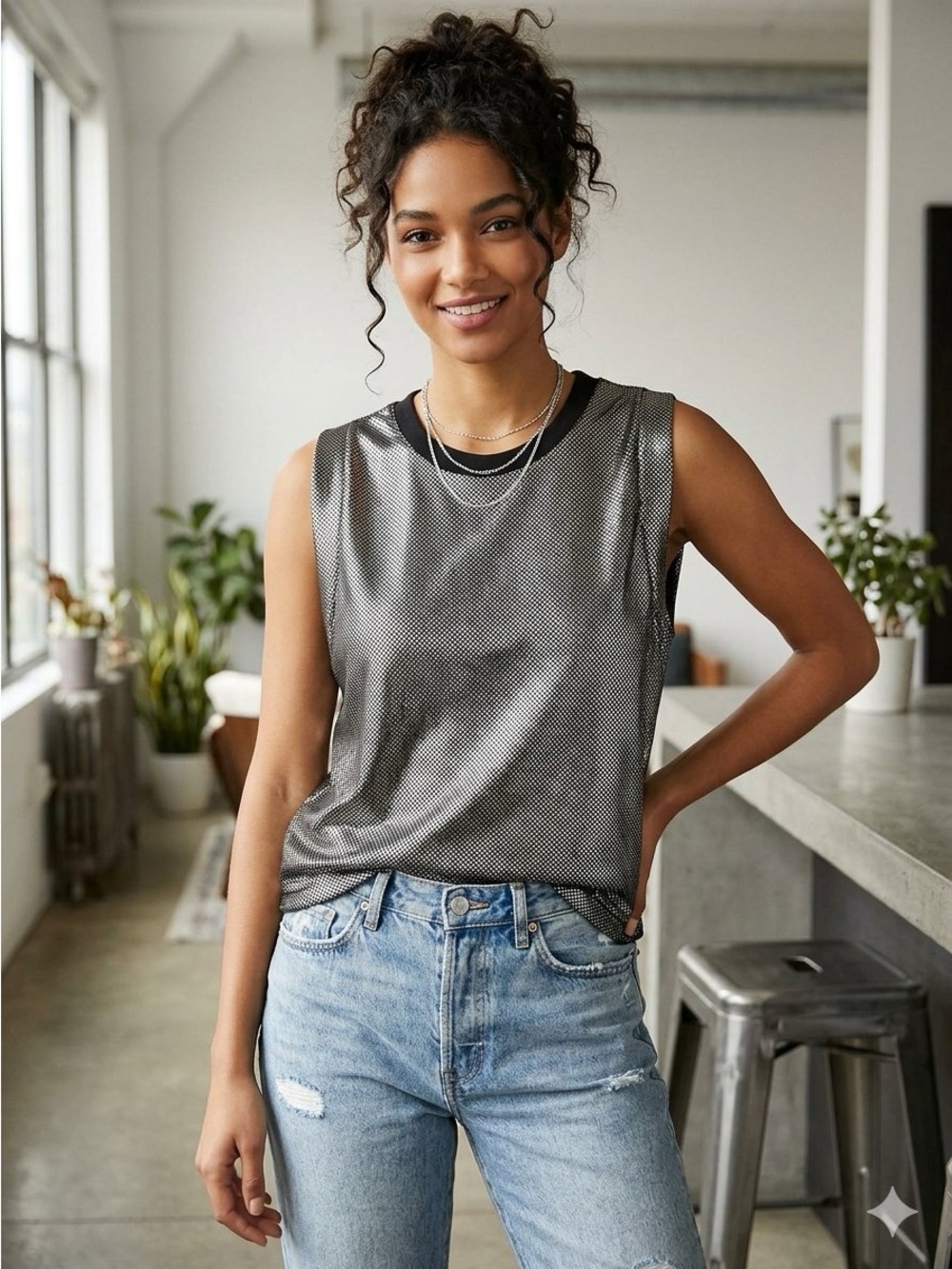 RTA Sleeveless Metallic Mesh Tank Top - Silver